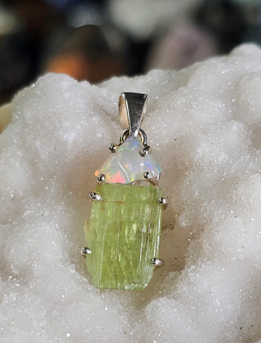 Natural Green Rough Kyanite & Ethiopian Rough Opal Pendant