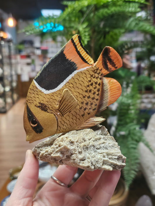Wooden Threadfin ButterflyFish Carving, Natural Coral Base