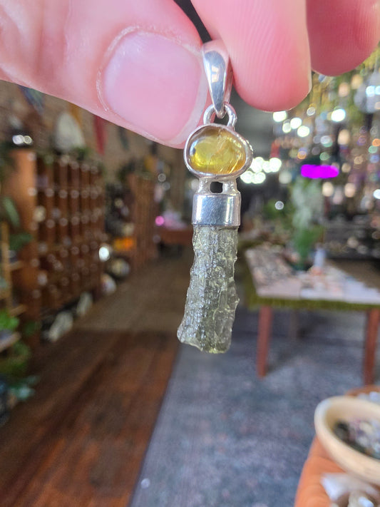 Moldavite & Amber Pendant
