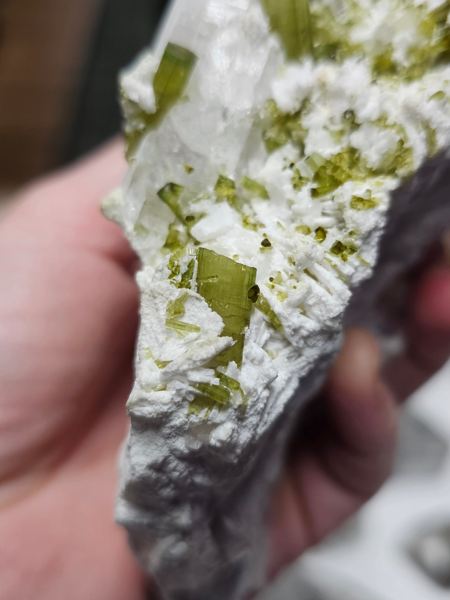 Green Tourmaline and Lepidolite on Albite