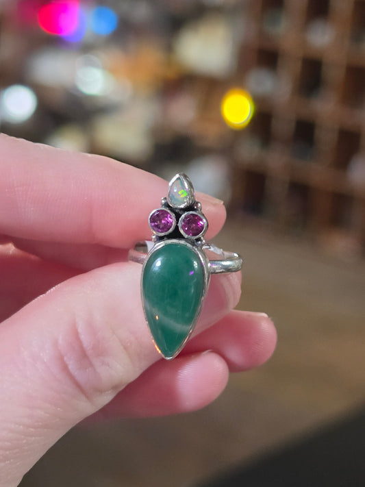 Size 7 Ethiopian Opal, Garnet & Jade Ring