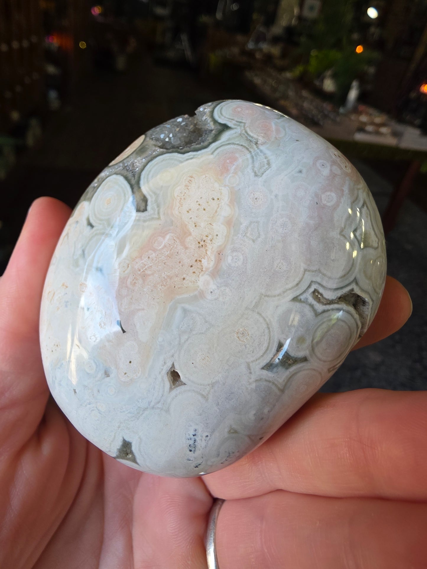 Large Druzy 8th Vein Ocean Jasper Palm Stone
