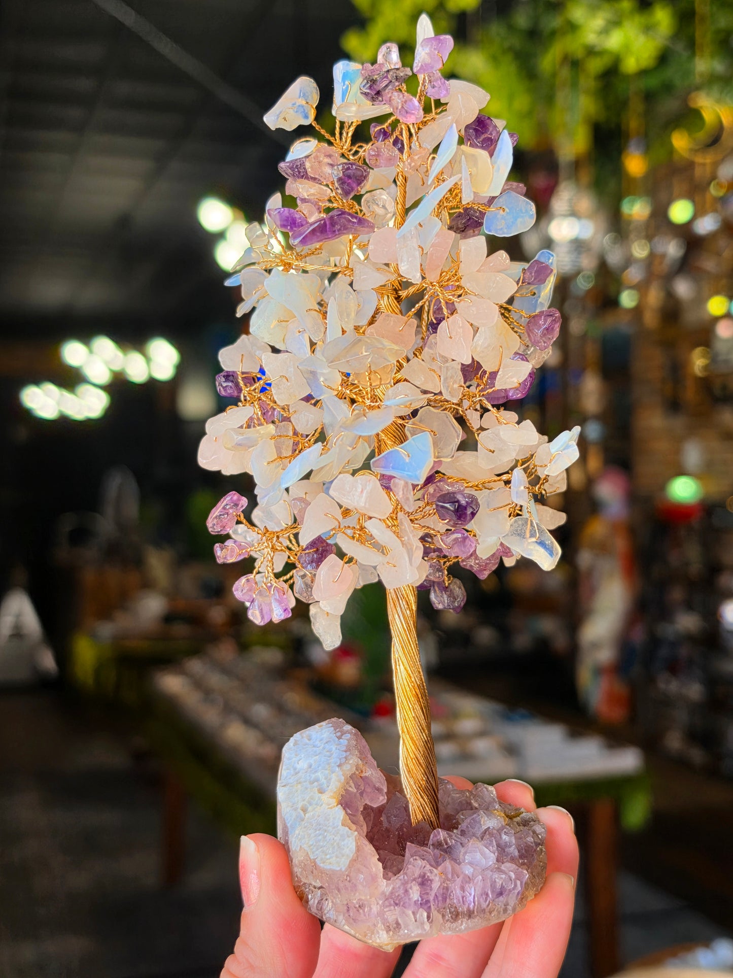 Opalite, Rose Quartz, Amethyst Chip Bead Tree on Amethyst Cluster Base