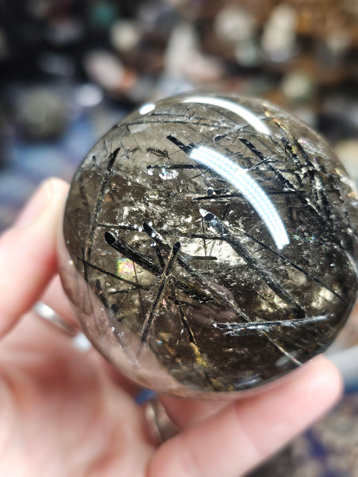 Black Tourmaline in Smoky Quartz Sphere