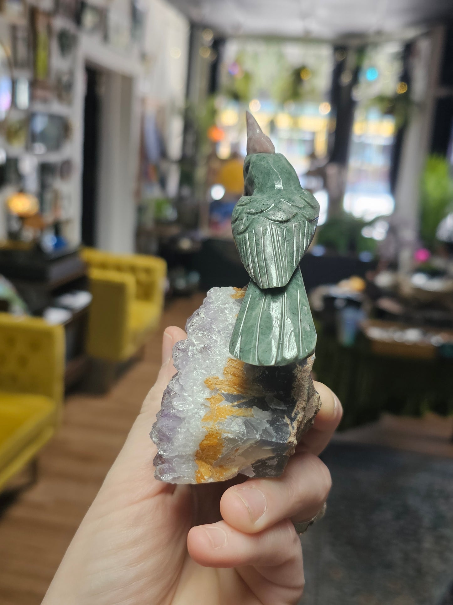 Serpentine Cockatoo Carving on Amethyst Freeform