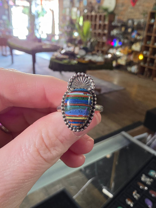 Rainbow Calsilica Ring Size 8.5 ( Manmade Stone)
