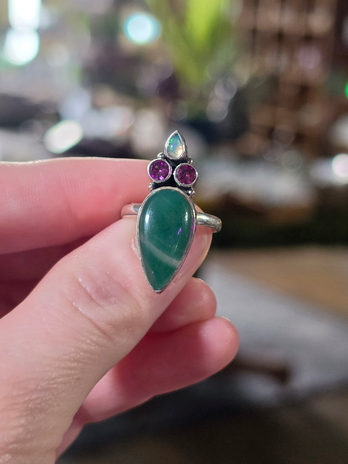 Size 7 Ethiopian Opal, Garnet & Jade Ring